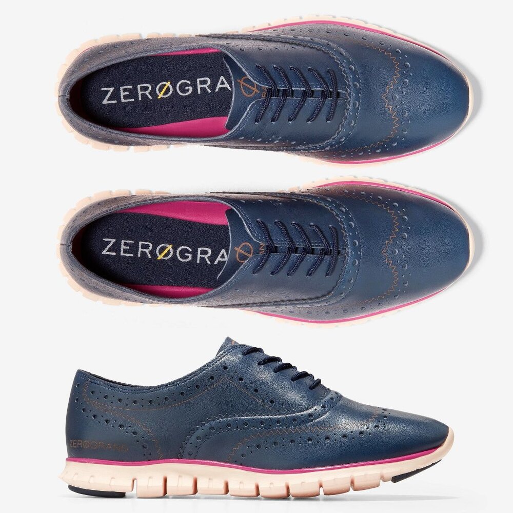 COLE HAAN Zerogrand Leather Wing Lace-up Oxford Marine Blue & Pink Sole 6B EUC